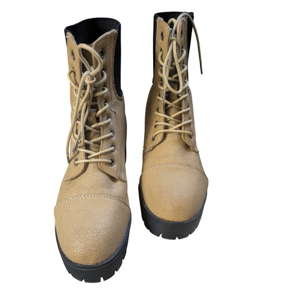 Seven7 Shoes - Seven7 Jadon Tan Cracked Faux Leather Lug Sole Combat Boots Womens 8